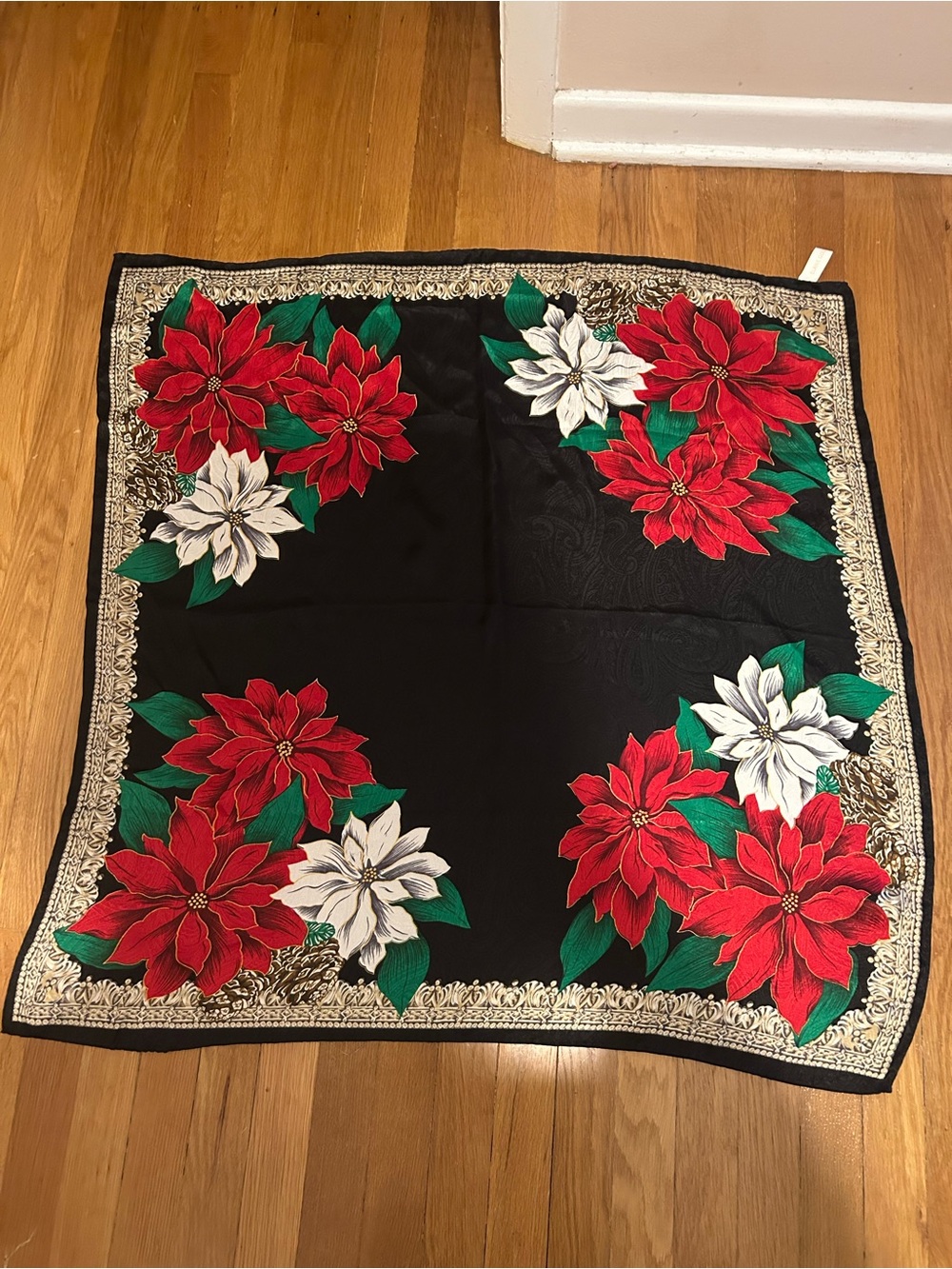 Elaine Gold 34” Poinsettia Holiday Scarf in Black with Red & White Florals